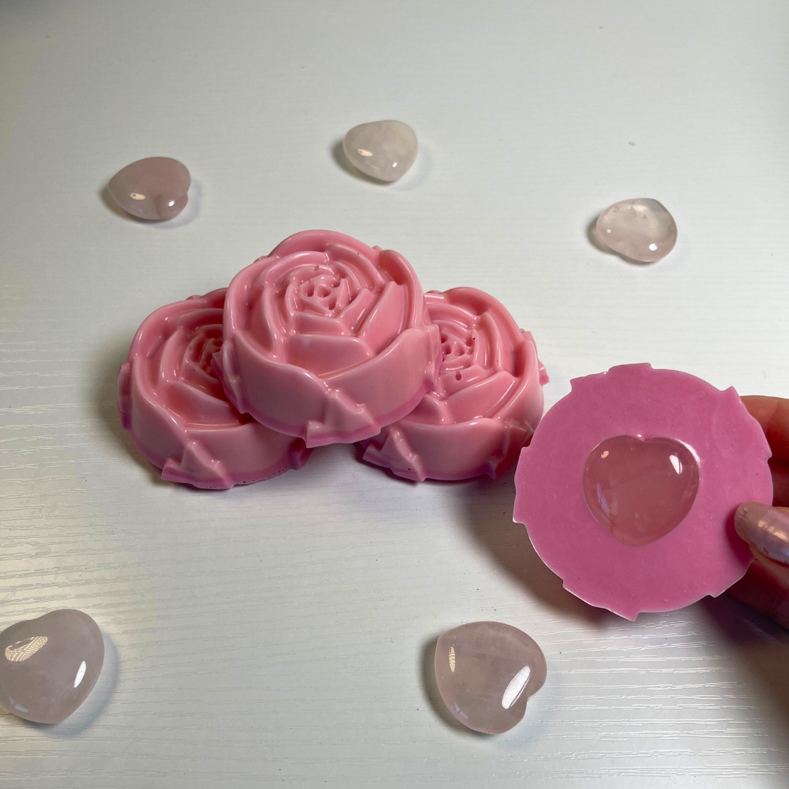 Crystal Infused Soap with Rose Quartz Heart | Cleansing + Crystal Energy | Shea & Japanese Cherry Blossom