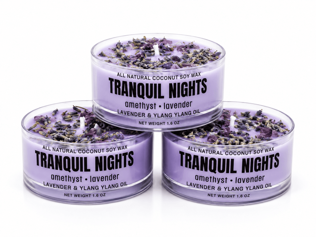 Tranquil Nights – Lavender & Ylang Ylang Infused with Amethyst + Lavender Buds