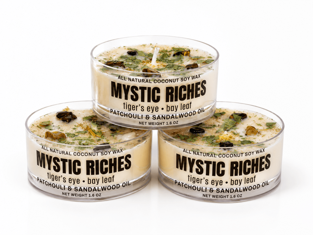 Mystic Riches – Patchouli & Sandalwood Infused with Tiger’s Eye + Bay Leaf