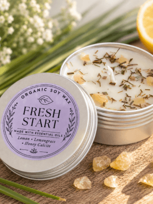 Fresh Start Crystal Candle | Lemon Essential Oil | Honey Calcite | New Beginnings & Positive Energy Candle