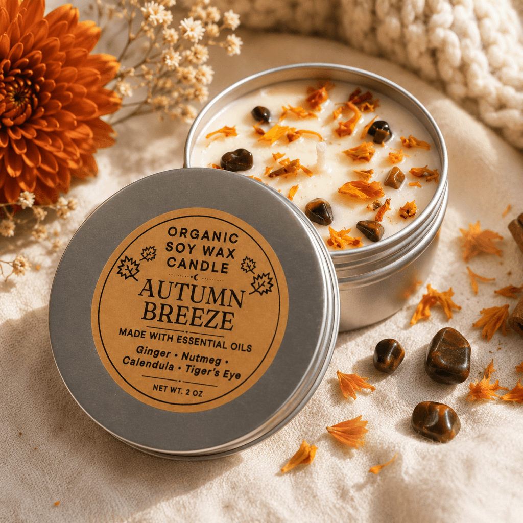 Autumn Breeze Crystal Candle | Clove & Nutmeg Essential Oils | Tiger’s Eye MANIFEST | Organic Soy Wax Fall Candle